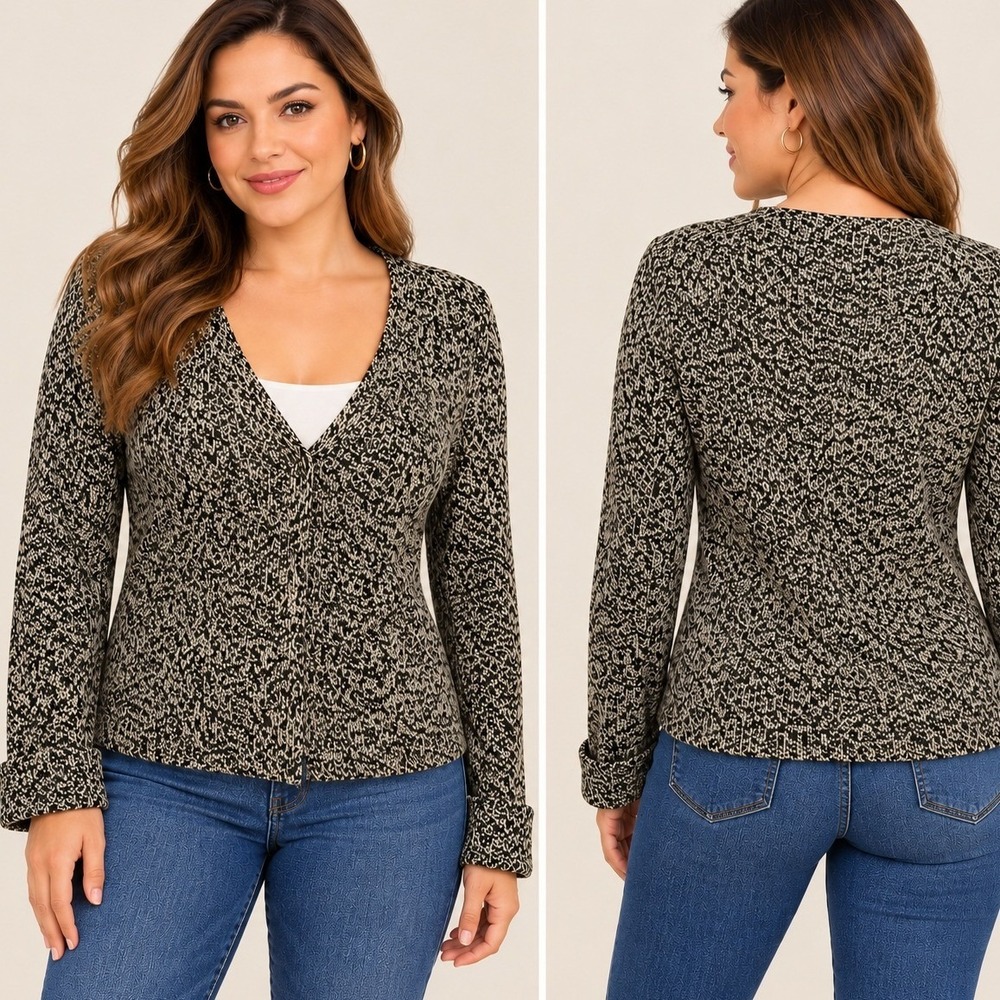 Anne Klein Vintage 100% Wool Marled Knit V-Neck Cardigan Sweater Black Cream M